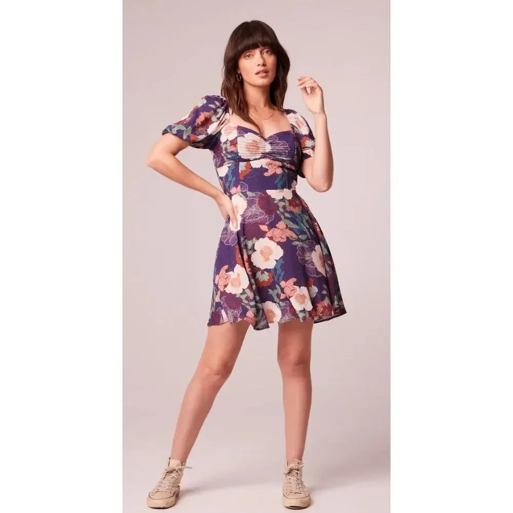BAND OF THE FREE AIMEE PURPLE FLORAL PUFF SLEEVE MINI DRESS S‎ NEW